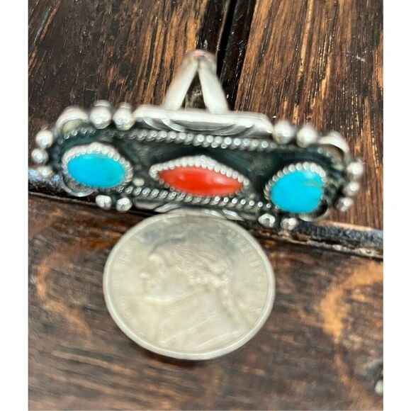 Vtg 70’s Navajo Silver, Turquoise & Coral Women’s  Ring Size 7 - Picture 4 of 5